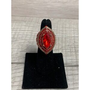 Vtg Style Red Rhinestone Marquise Statement Ring Gold Tone Ornate Cocktail  7.5
